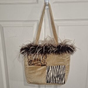 Berkeley Designs Faux Velvet Tote - Feather Trim Zebra /Tiger Patchwork - Tan
